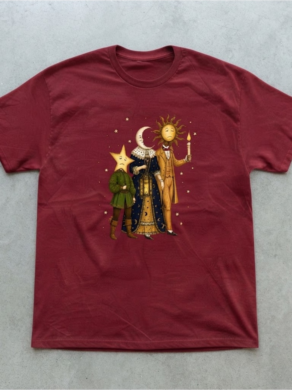 Celestial Sun Moon Star Graphic Burgundy Gildan T-shirt